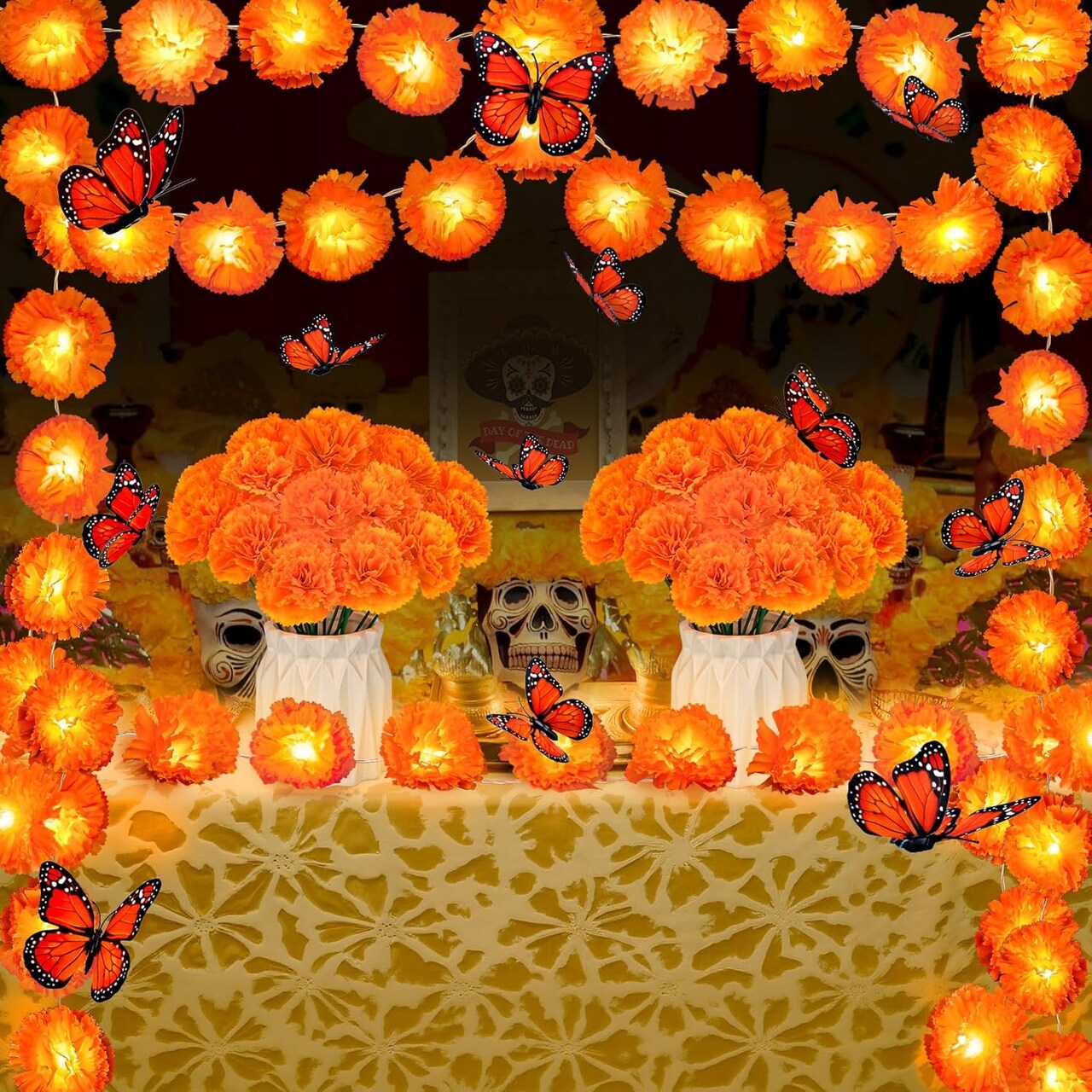 10 Ft 20 LED Marigold Garland with 30 Artificial Marigold Flowers and 12 Butterflies